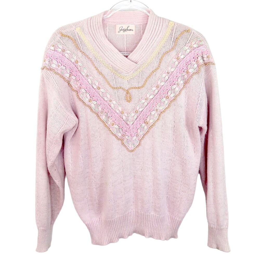 Jaclyn Smith Vintage Pink Beaded Pearl Embroidered Sweater Large Grandmacore